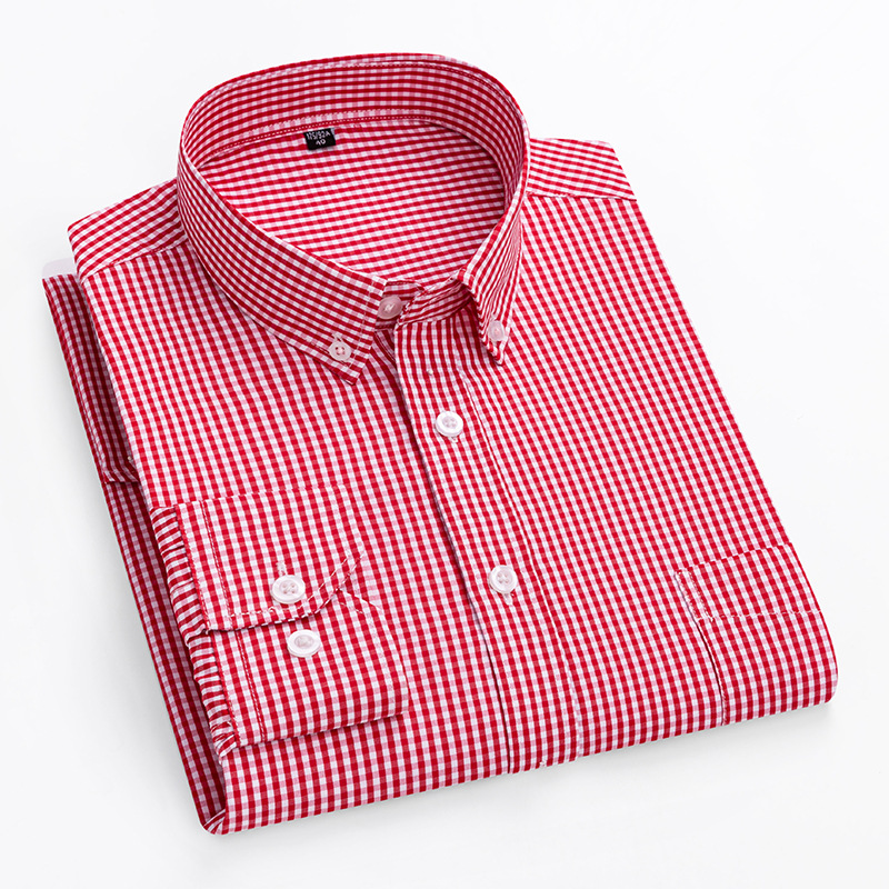 Camisa de manga larga para jóvenes de moda a cuadros pequeños totalmente de algodón, camisa informal ajustada de cuadros pequeños con cuello vuelto urbano de negocios
