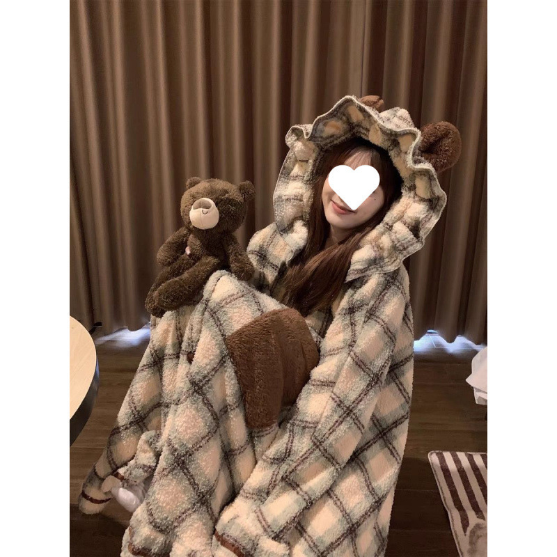Japanese-Style Ins Coral Fleece Pajamas for Women, Thickened High-End Hooded Cape Robe Bathrobe, Girl's Loungewear