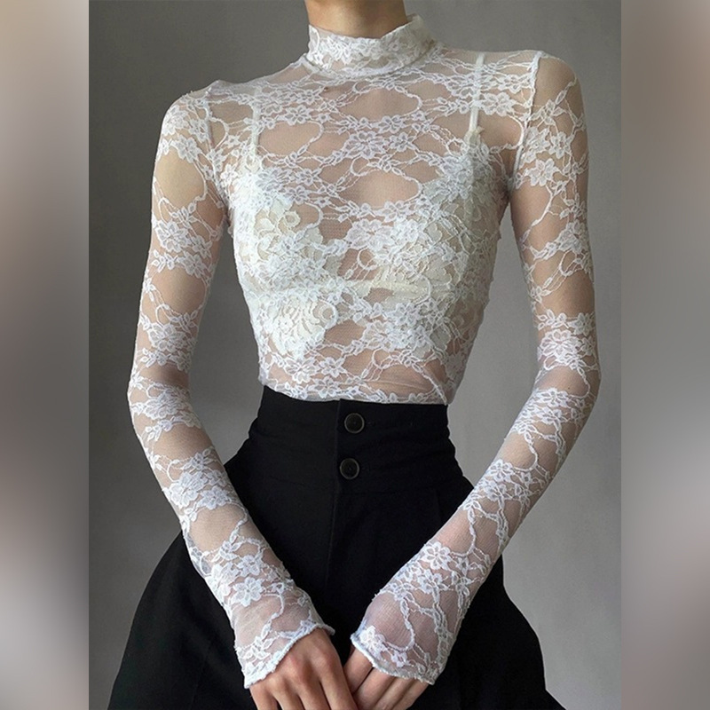 Autumn 2024 New Women's Clothing French-style Lace Hollow-out Long-sleeved Spice Girls Pure Desire-style Slim-fit Women's Inner Top