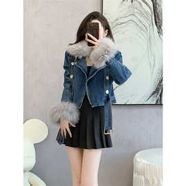 韩版东大门毛绒加厚牛仔短外套女2023冬季新款设计感小个子上衣潮