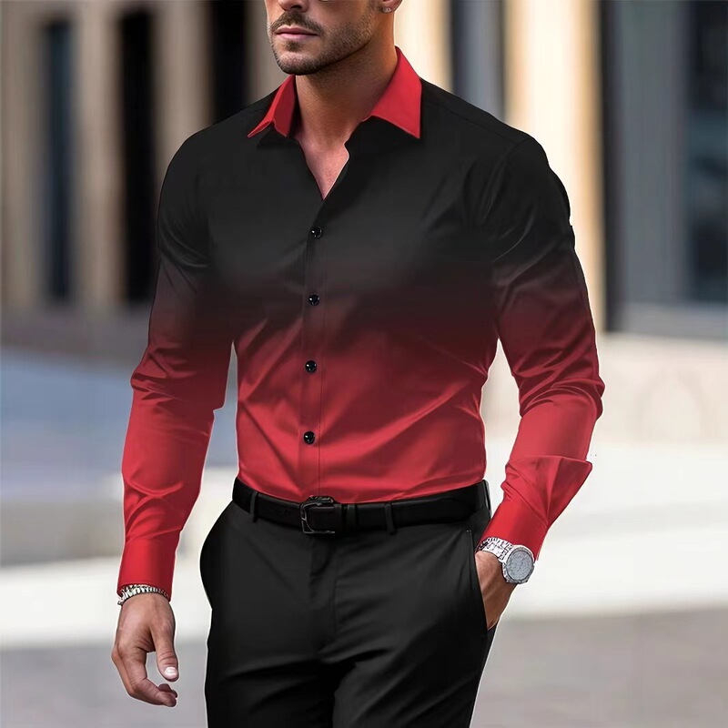 Men's Casual Slim-Fit Long-Sleeved Shirt, New Spring and Autumn Style, Light Gradient Print Shirt, Four-Way Stretch, Slightly Elastic, Breathable Shirt for Men