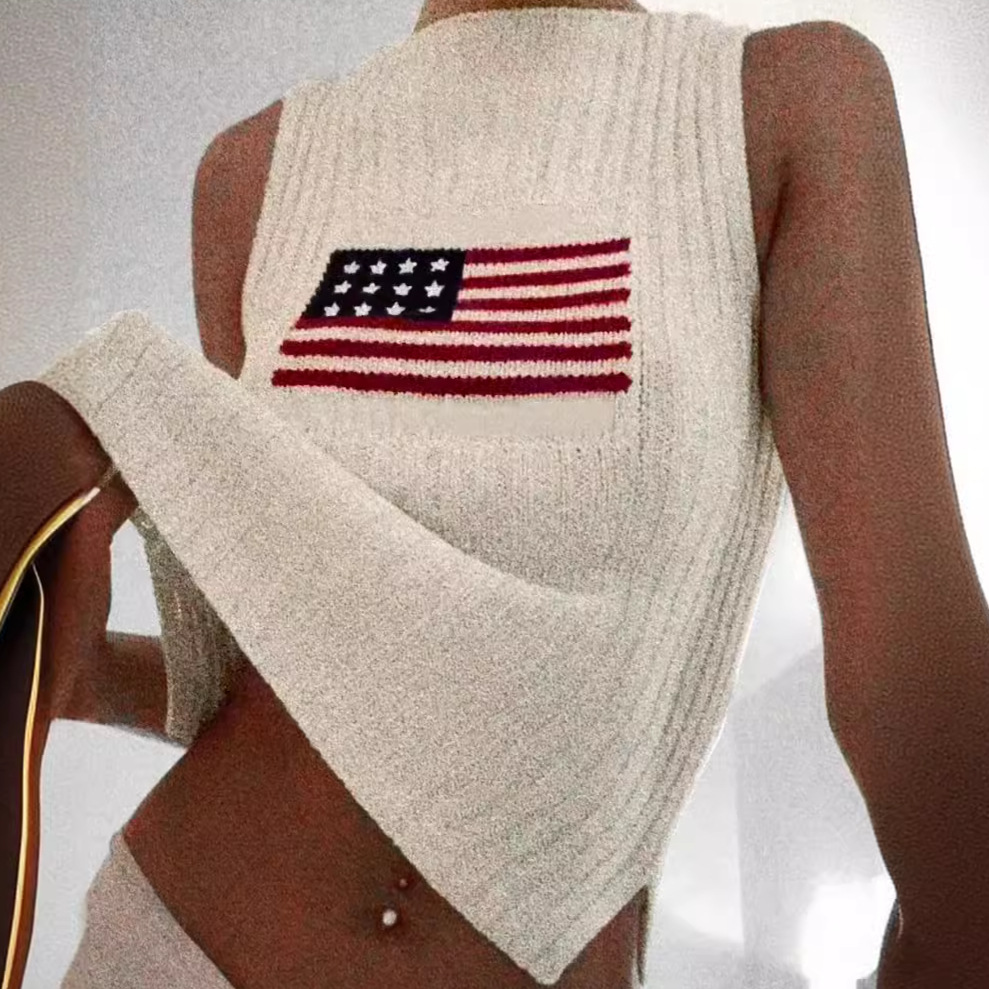 外贸跨境欧美亚马逊源头厂家毛衣女针织衫美国独立日国旗背心夏季