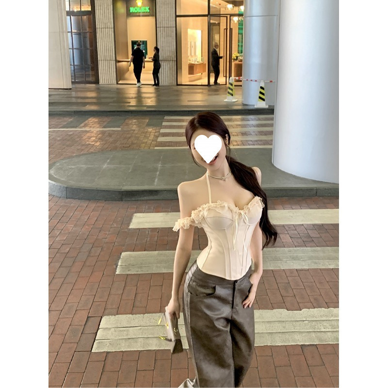 蕾丝拼接美背挂脖抹胸背心女夏季鱼骨修身内搭设计感纯欲外穿上衣|undefined