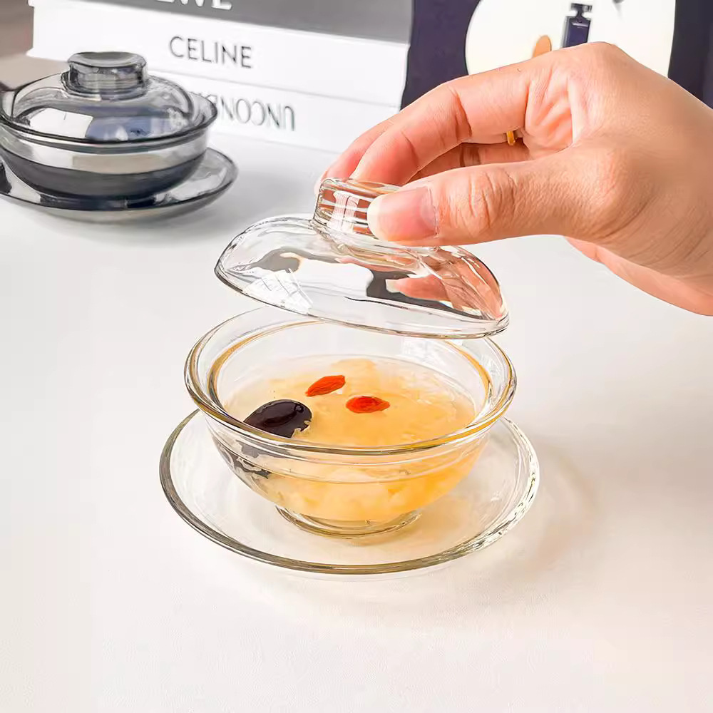 InsFengXin cuenco cubierto de estilo chino taza de vidrio hielo taza de café americana doméstica postre de alto valor facial conjunto de platos de nido de nido
