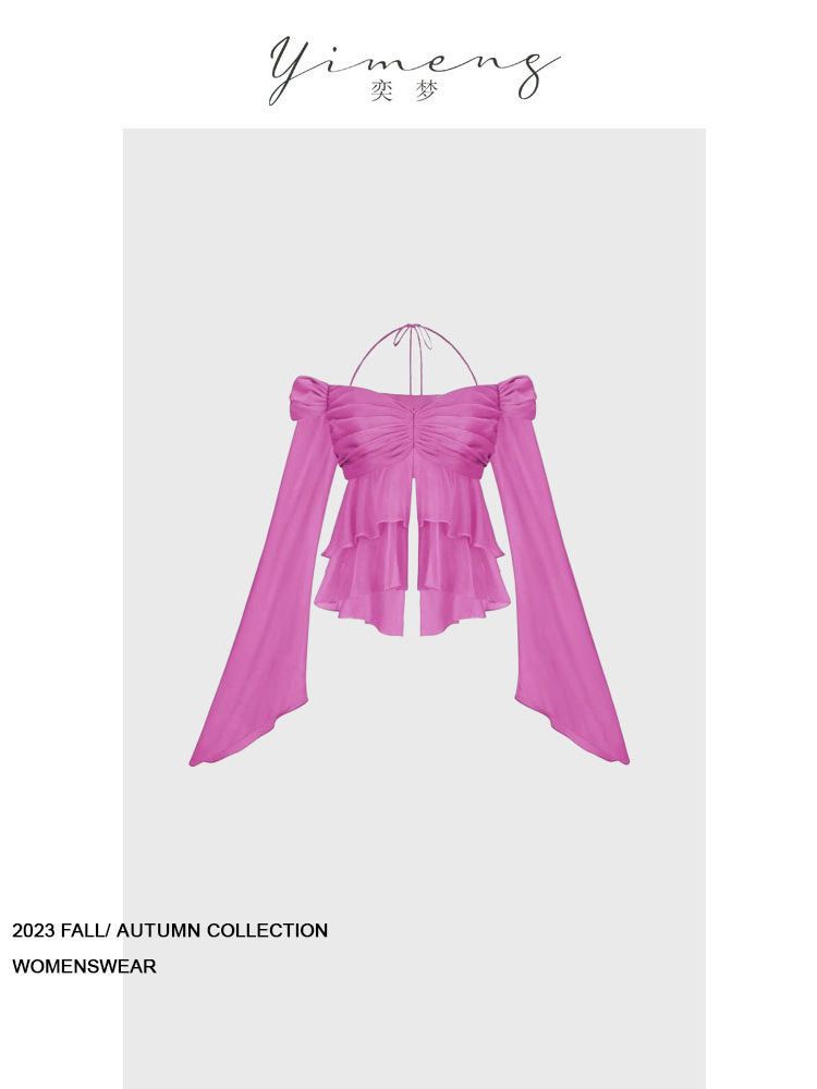 YIMENG francés blanco borde de loto camisa de hombro de mujer de verano hueso de pescado cintura delgada corta camisa de hombro abierto image 5