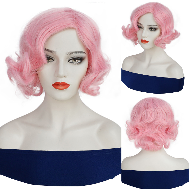 European and American Style 80S Retro Fashion High-End Pink Ladies Wavy Short Curly Hair Performance Props Party Wig