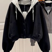 2025慵懒新款短款假两件卫衣女连帽拉链秋冬设计宽松拼接开衫外套
