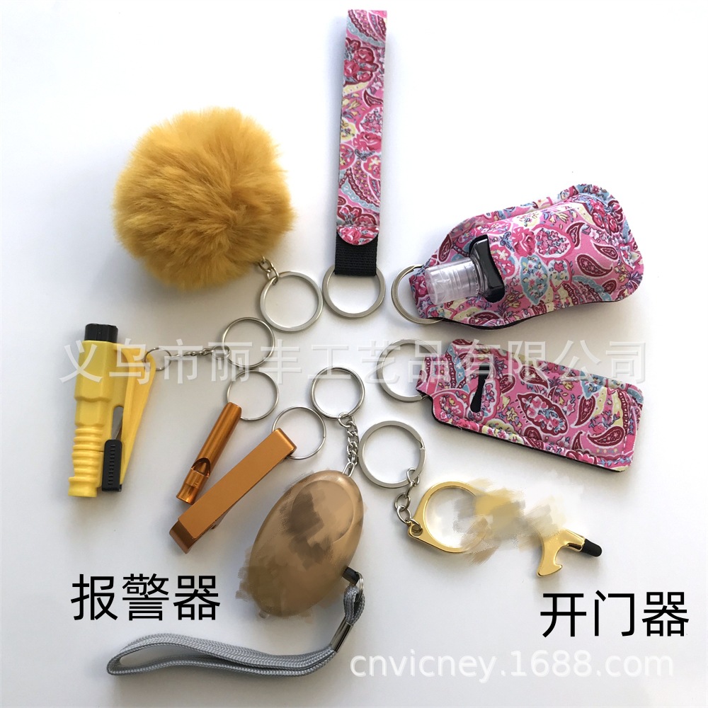 Llavero de muñeca de espejo cruzado Juego de 10 piezas Bolsa de desinfectante de manos para mujer Llavero de alarma de aluminio