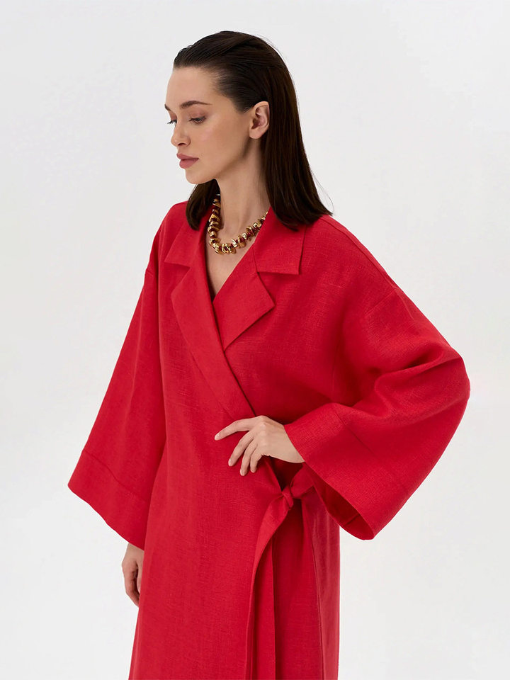 Đầm dài nữ chất liệu cotton lanh, cổ chữ V ve áo, tay dài, dáng rộng thắt dây — Xanh trái cây, Đỏ tươi chi tiết 37