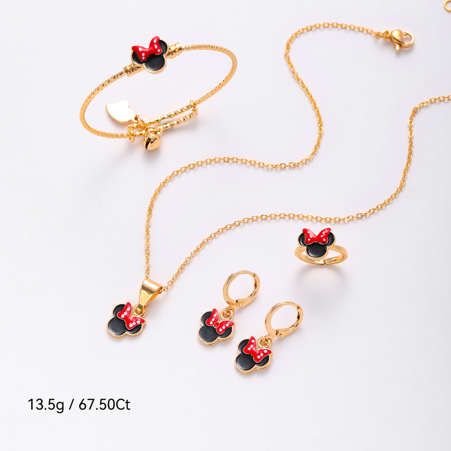 Moda infantil bronce dorado goteo de aceite conjunto de joyas mariposa Mickey anillo de dibujos animados collar pendientes brazalete joyas