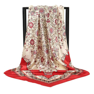 2025 Spring and Summer New Imitation Silk Floral Print 90 Square Scarf Elegant and Versatile Windproof and Sunscreen Women's Shawl Silk Scarf