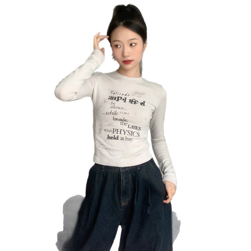 美式复古黑色长袖t恤女2025春秋冬紧身甜辣妹内搭打底衫修身上衣|undefined