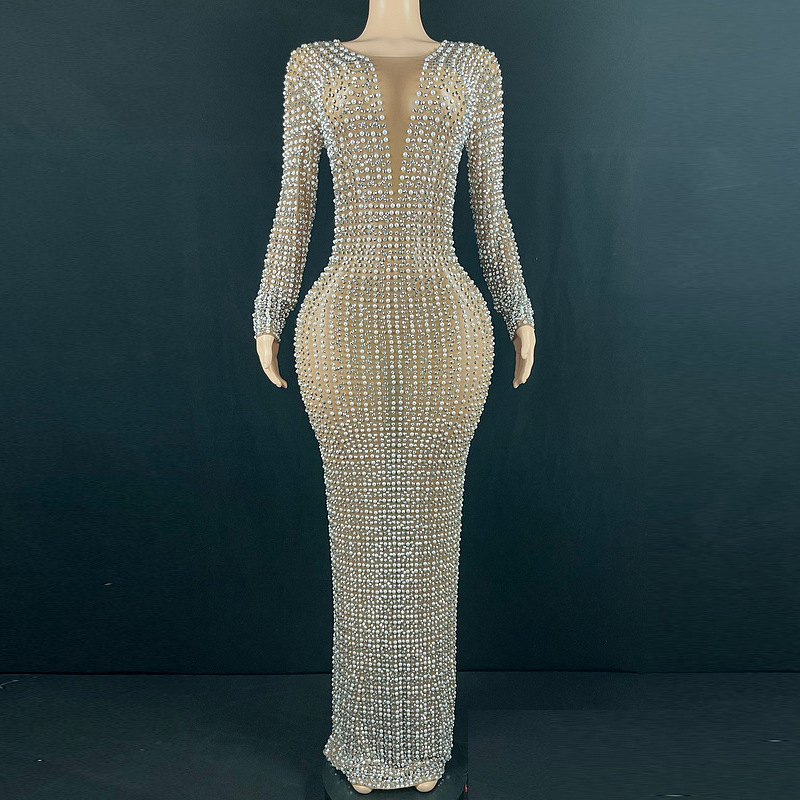 Plus Size Women's Summer Glitter Crystal Pearl Floor Evening Dress Fashionable Elegant Long Ball Evening Dress Light Luxury