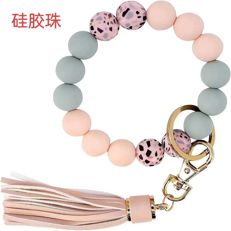 Bowknot Keychain Bracelet Pu Leather Tassel Wrist Key Ring Bracelet Silicone Beads Women's Lotus