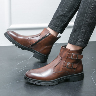 Men's Outdoor Boots Versatile British Style Double Buckle Retro Leather Boots Large Size Hiking Boots