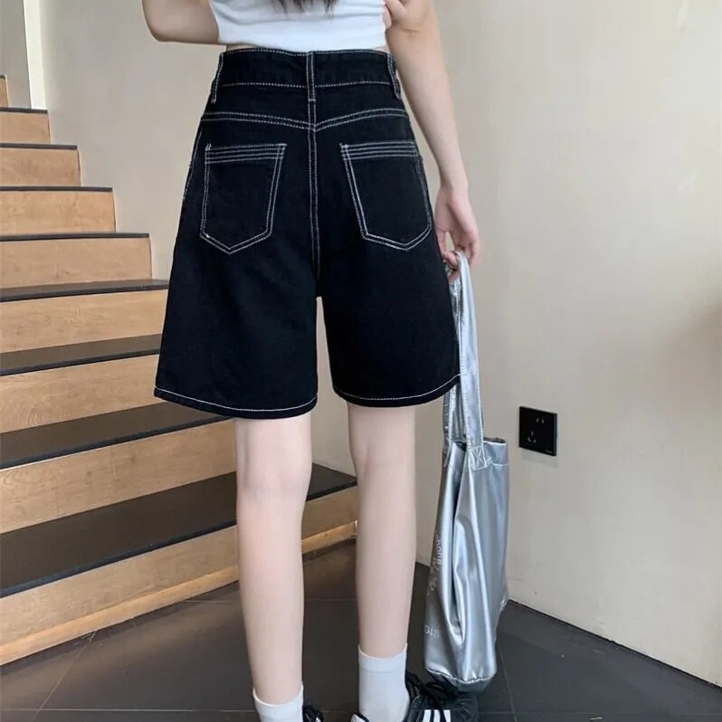 【韩牛】黑色牛仔短裤女夏宽松直筒2025秋季高腰显瘦百搭五分裤子|undefined