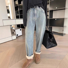 复古高腰浅蓝牛仔裤女冬新款韩版加绒加厚显瘦宽松哈伦老爹长裤潮