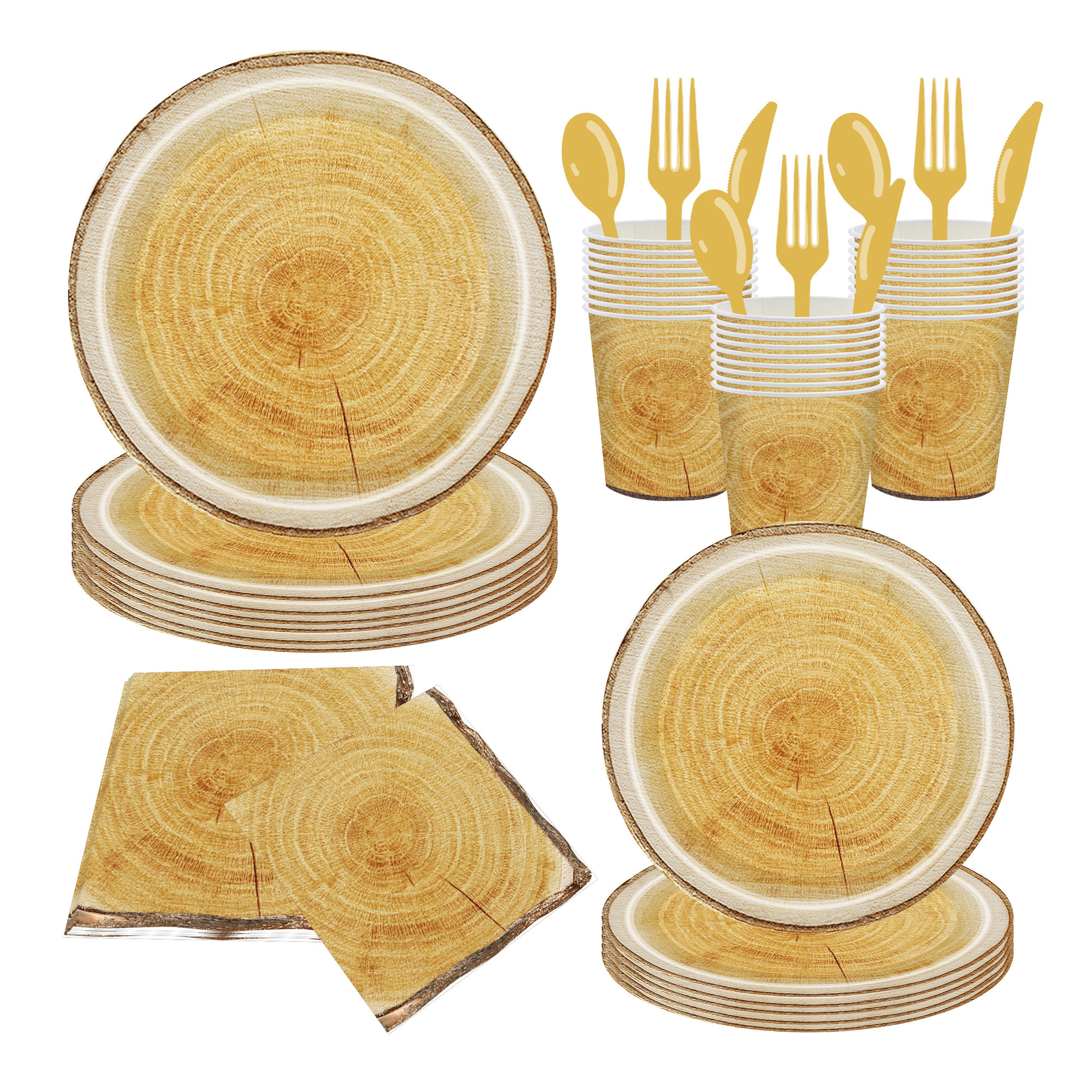 Nuevo estilo transfronterizo vajilla de fiesta de grano de madera leñador camping tema del bosque taza de papel toalla de papel juego de bandeja de papel desechable