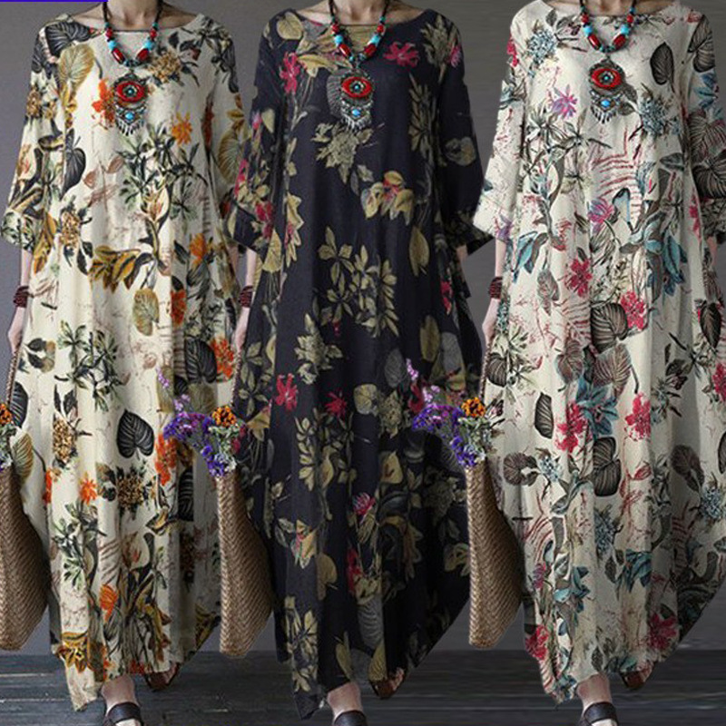 2026 New Cross-Border Plus-Size Women's Cotton and Linen Printed National Style Retro Pullover Loose Round-Neck Japanese and Korean Dress