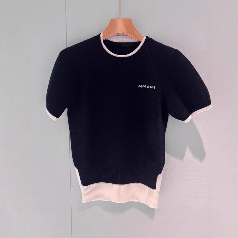 Miu Style Pure Original Short-Sleeved Fake Two-Piece Sweater for Women with Letter Embroider to Reduce Age and Slim down Knitted Top Spring Thin Style