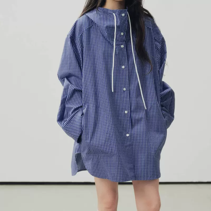 现货VER 男女同款 经典格纹中长款连帽抽绳广袖宽松衬衫休闲宽松