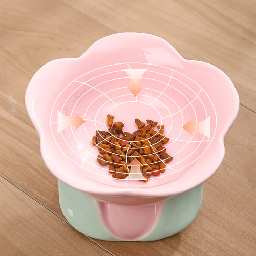 Manufacturer Direct Sale Flower Ceramic Cat Bowl Cat Feeding Dish Pet Bowl Cat Dish Dog Bowl Slanted Mouth Neck Protection Cat Food Bowl New Product