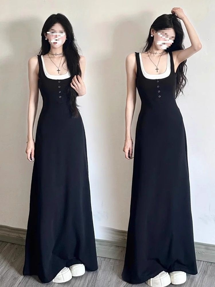 Đầm maxi nữ thắt eo dáng suông dây mảnh thiết kế kiểu Pháp — màu đen chi tiết 9