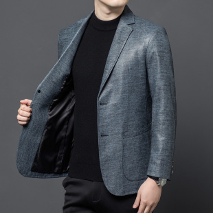 Spring and Autumn Haining Genuine Leather Men's Top Layer Cowhide Coat Printed Business Casual Men's Suit Middle-aged Jacket