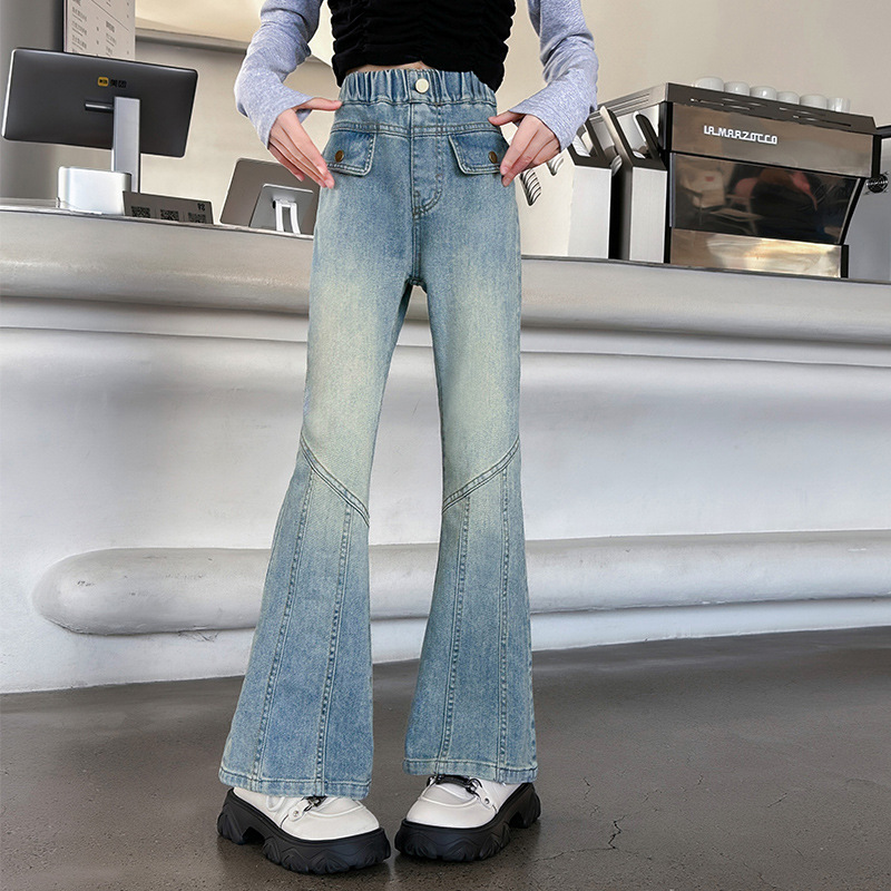 Girls' bell bottoms spring wear 2024 new Korean style Western style medium and large children's slim stretch splicing jeans