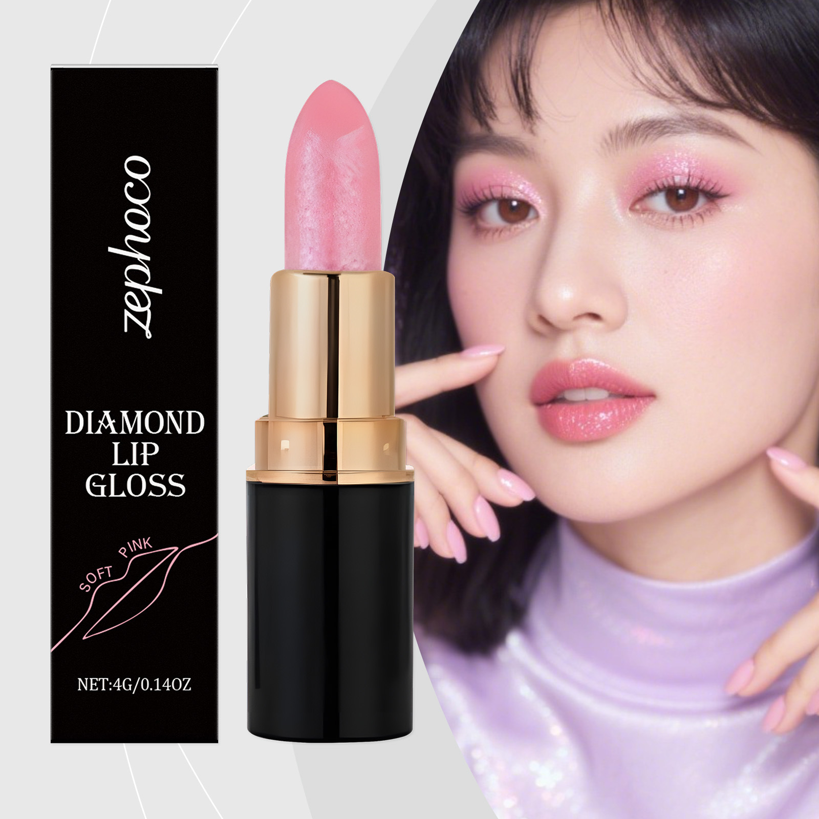 Zephoco Tender Pink Diamond Lip Gloss Glitter Lipstick Moisturizing, Smooth, Hydrating, Plumping, and Long-Lasting Lipstick