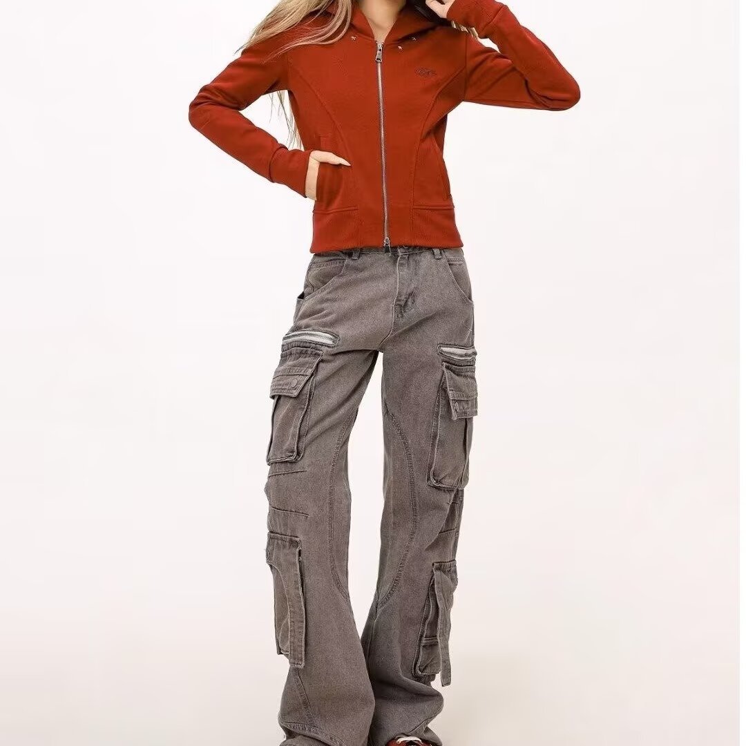 Men's Clothing High Street Streetwear Heavy Duty Cargo Jeans With Multi-Pockets & Zipper Design - Stylish Casual Work Pants In Grey (Sizes M-3XL)_mkmklike.com