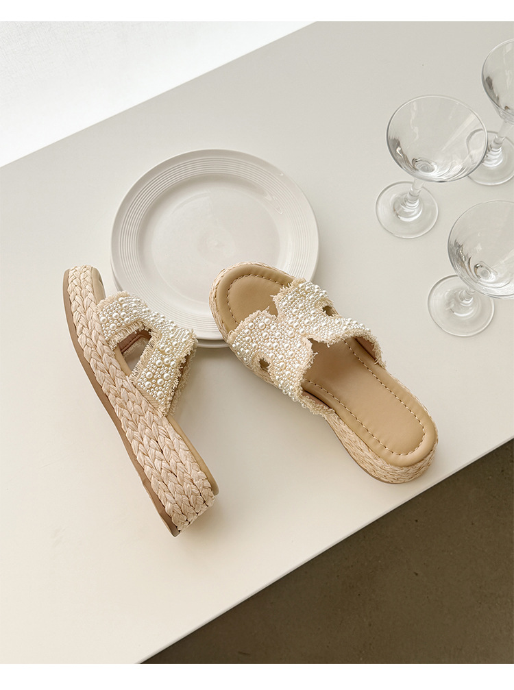 Dép sandal xỏ ngón nữ đế bệt cao 5 cm phong cách Pháp đính ngọc trai và đá — màu trắng ngà, màu mơ chi tiết 15