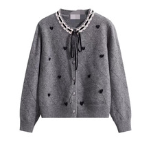 笑脸太阳花刺绣薄款短袖针织衫夏季气质显瘦半排扣拼色翻领上衣女