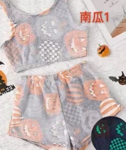 外国貿易ハロウィーン夜光フランネルパジャマ女性秋冬ベルベット保温レジャー家庭セット落書き発光ズボン|undefined
