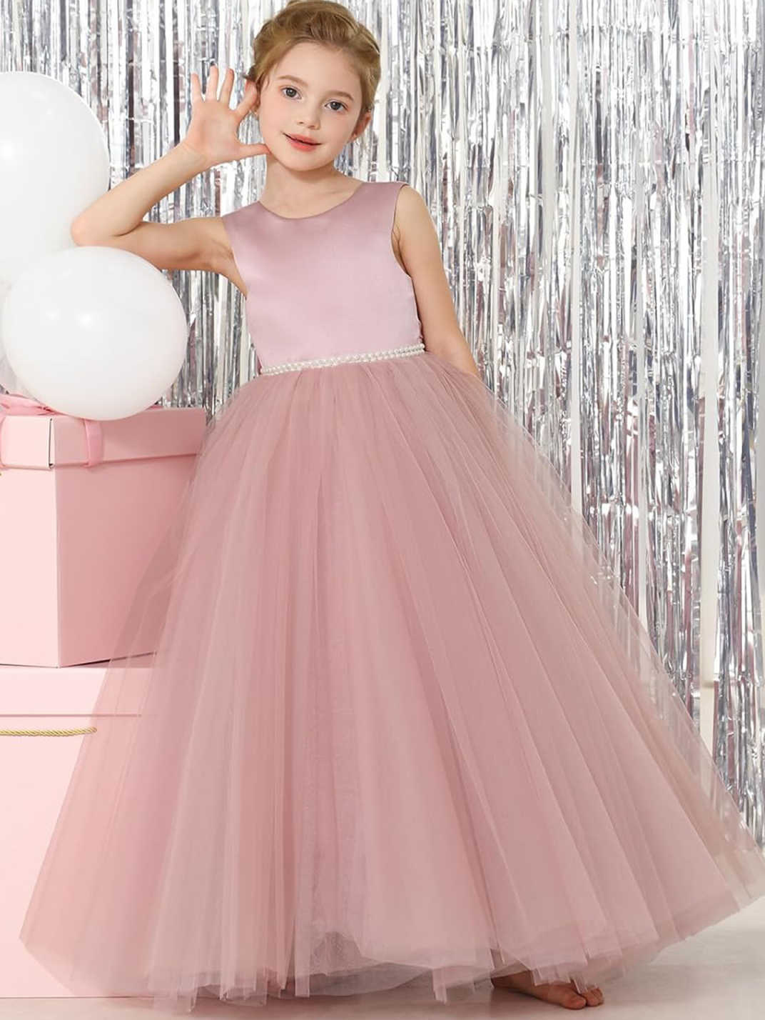 Nuevo europeo y americano transfronterizo vestido de novia de los niños sin mangas de malla de satén Rendimiento De Cumpleaños mullido mono vestido