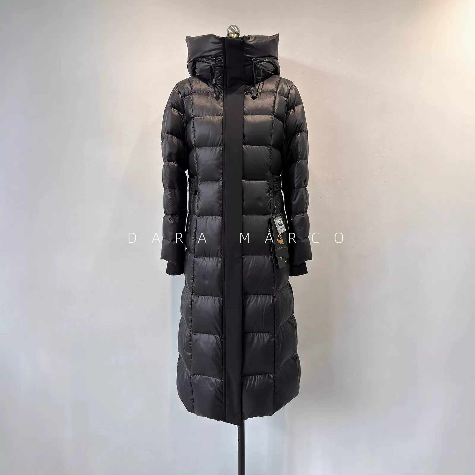 三防高蓬高暖~黑色90鹅绒服修身亮面连帽超长款女冬羽绒服外套