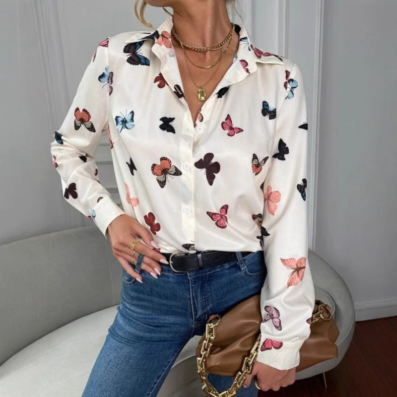 Cross-Border European and American Style Temu Women's Long-Sleeved Shirt 3D Printed Butterfly Pattern Four-Season Single-Breasted Cardigan Source Factory