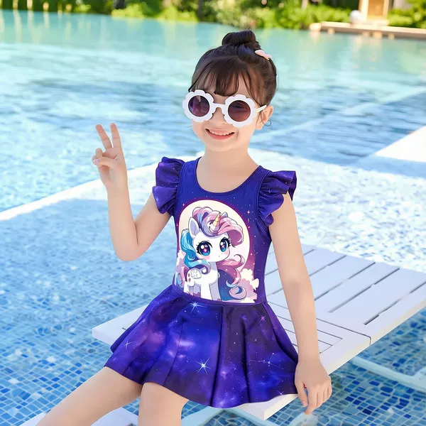 New Children's Swimsuit for Girls, Summer One-Piece Princess Cartoon Swim Dress with Flutter Sleeves Set