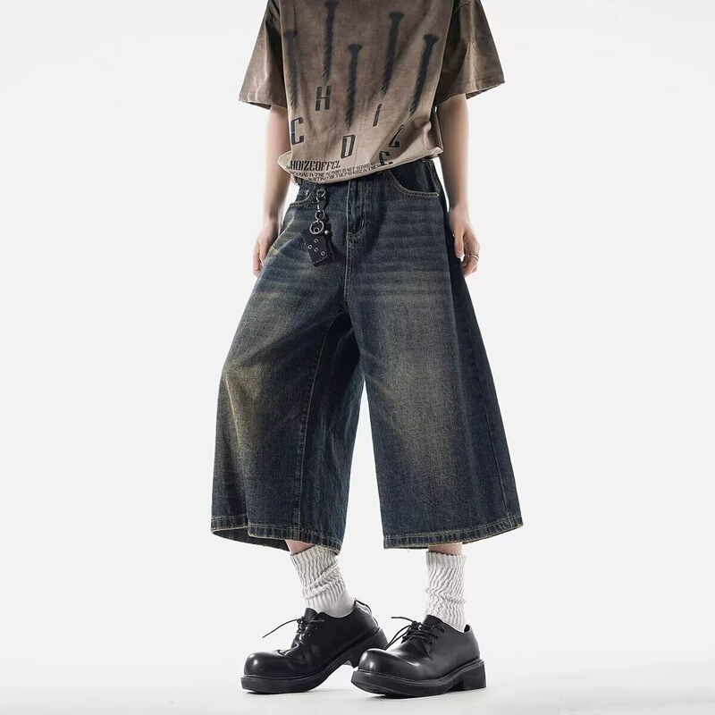 Japanese Retro Washed Vintage Loose Denim Wide-Leg Cropped Pants Summer Straight Mid-Length Shorts Unisex Dark Blue
