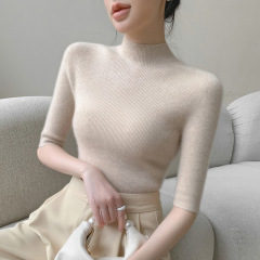 新款一线成衣半高领中袖针织衫女式修身时尚显瘦百搭纯色短袖上衣