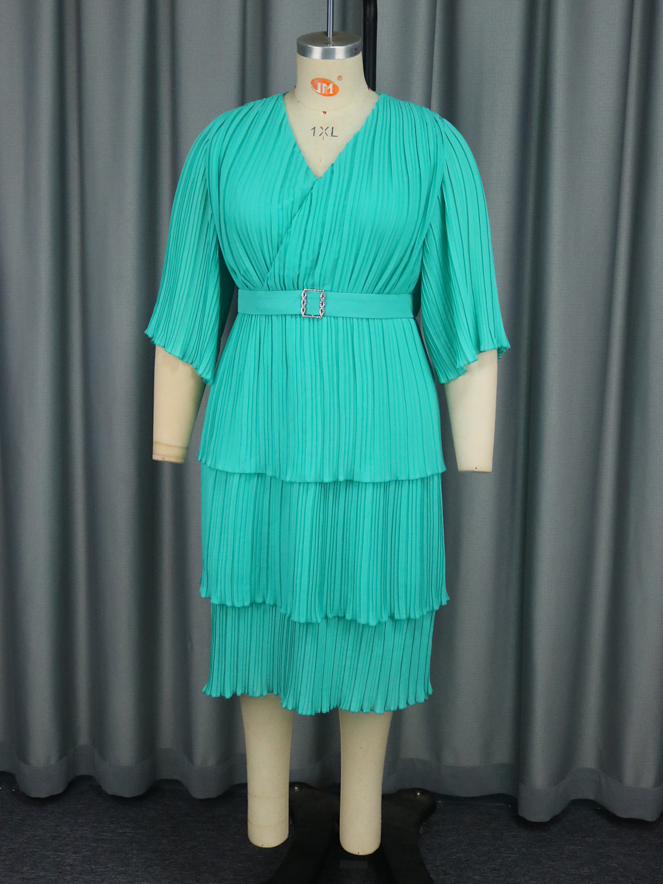 Mint Green V-Neck Belted Dress With Mid-Length Sleeves American Style Casual Elegant Slimming Pleated Cake Dress For Commuting_ecoleips.com