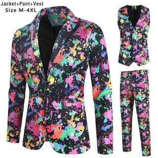 圣诞西装三件套新款休闲3D印花休闲一粒扣西服马甲西裤套装欧码男