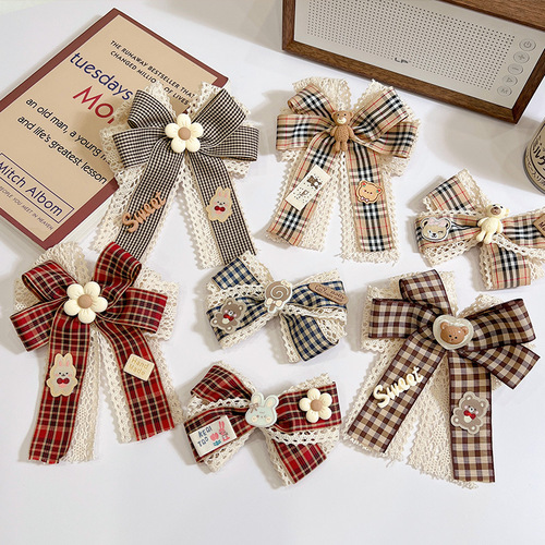New product pre-sale Korean style children's milk hairpin little girl sweet plaid bow hairpin headdress lace