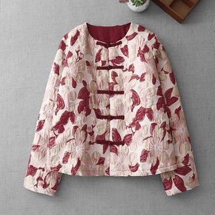 Real shot 2024 autumn and winter cotton padded padded jacket Chinese coat top women's short warm loose printed cotton-padded jacket