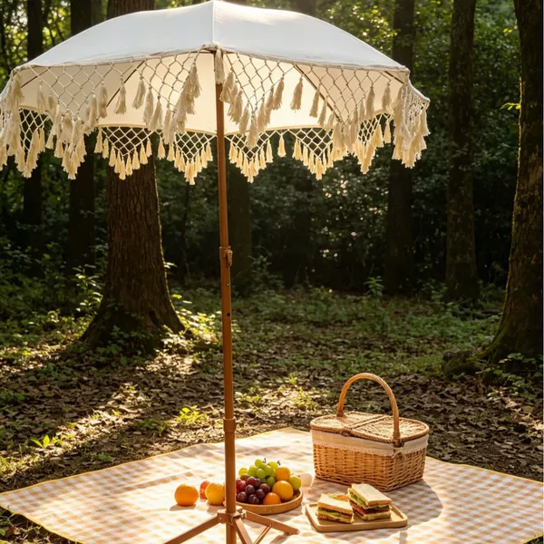 Cross-Border New Product Retro Tassel Umbrella Triangular Mesh Outdoor Sunshade Umbrella Beach Garden Patio Sun Protection Umbrella