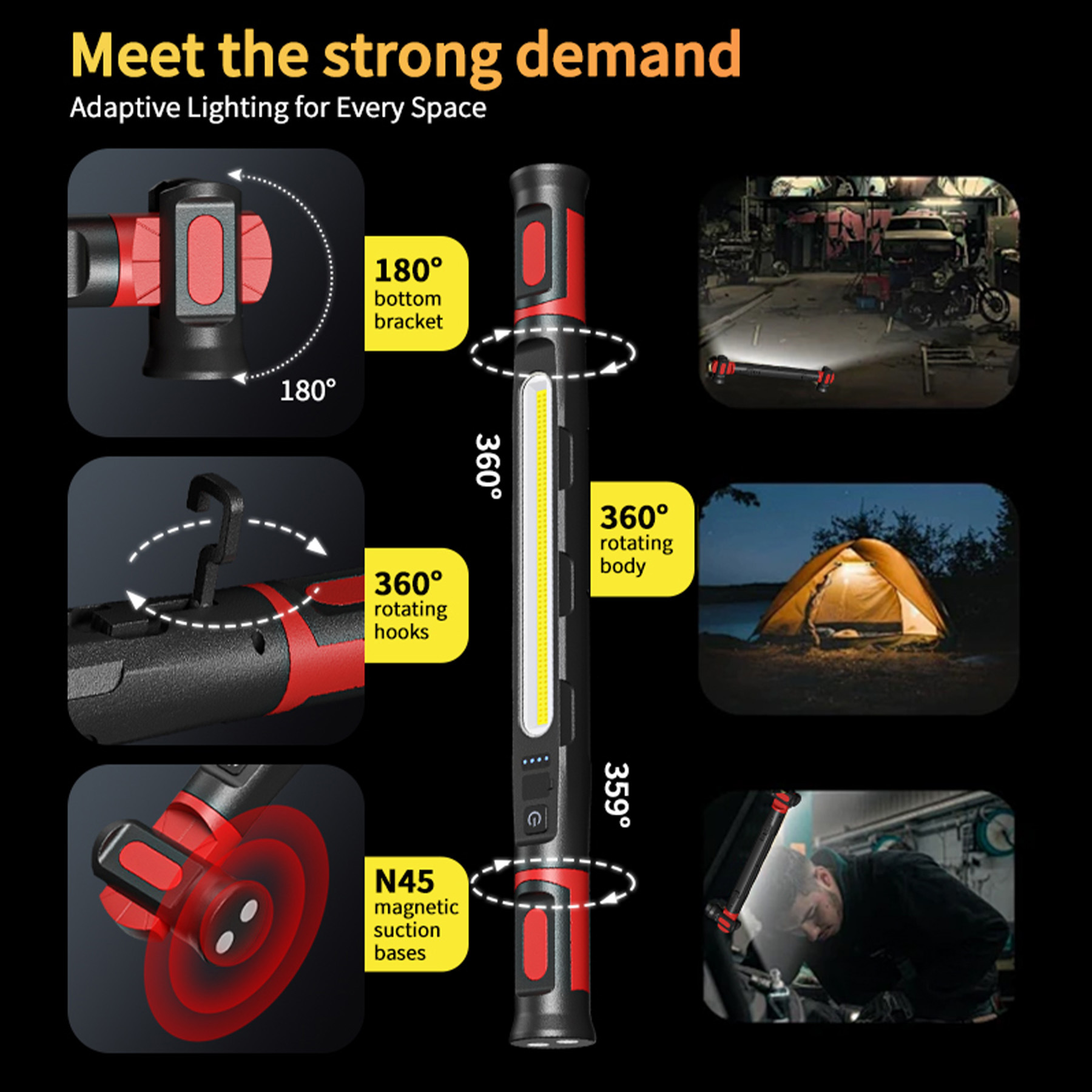 Popular repair work light, multifunctional magnetic flashlight, outdoor power bank, COB with hook, camping work light