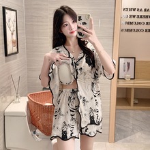 自带胸垫一体睡衣女夏季2024新款开衫短袖短裤卡通薄款家居服套装