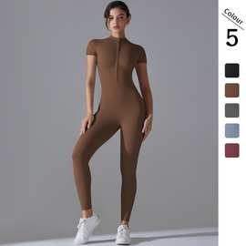 欧美拉链短袖紧身连体衣高弹短袖运动健身服九分连体长裤瑜伽服