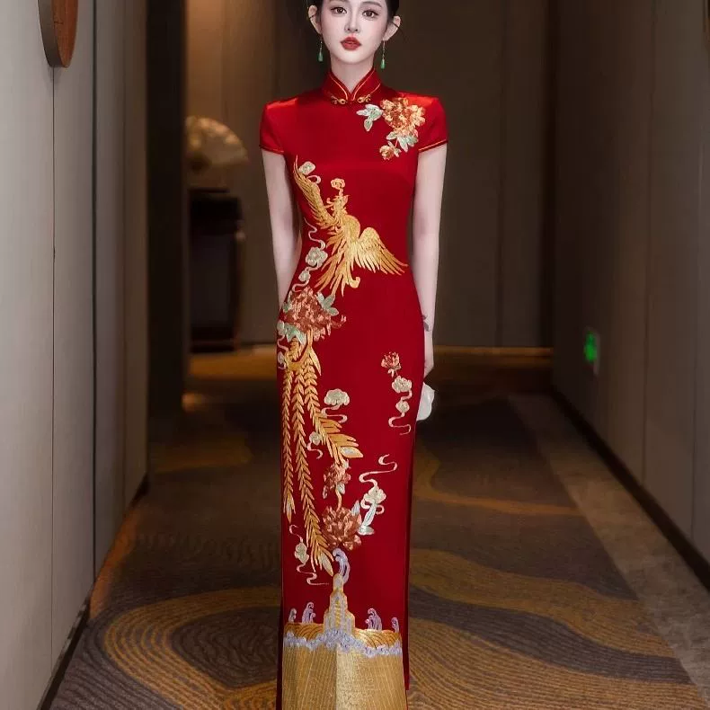 Тост чонсам, новое красное платье в китайском стиле, облегающее длинное элегантное платье с вышивкой для мамы
