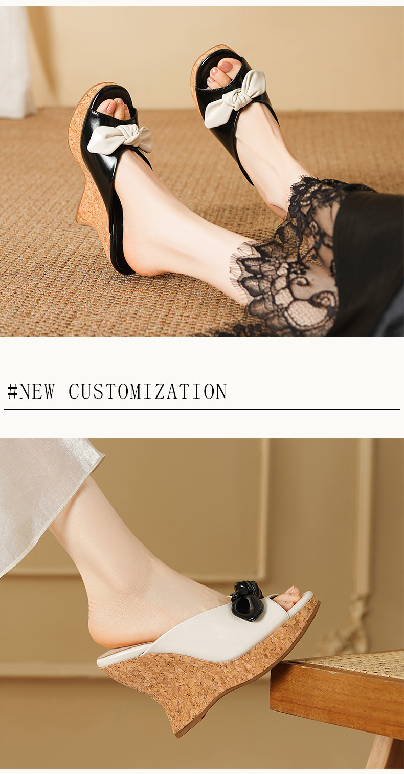 Dép sandal cao gót nữ hở mũi đế xuồng 11cm nơ bướm phong cách Hàn Quốc mùa hè — màu đen, màu trắng ngà chi tiết 3